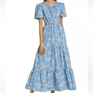 Wayf Plaza Floral Cut-Out Tiered Maxi Dress in Sky Blue Toile
